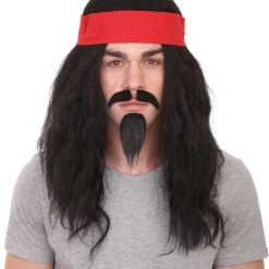HPO Men's Long Black Mens Pirate Wig With Mustache & Chin Patch | Premium Breathable Capless Cap