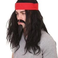 HPO Men's Long Black Mens Pirate Wig With Mustache & Chin Patch | Premium Breathable Capless Cap