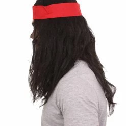 HPO Men's Long Black Mens Pirate Wig With Mustache & Chin Patch | Premium Breathable Capless Cap