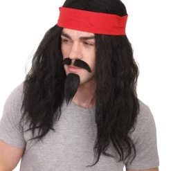 HPO Men's Long Black Mens Pirate Wig With Mustache & Chin Patch | Premium Breathable Capless Cap