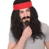 HPO Men's Long Black Mens Pirate Wig With Mustache & Chin Patch | Premium Breathable Capless Cap