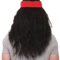 HPO Men's Long Black Mens Pirate Wig With Mustache & Chin Patch | Premium Breathable Capless Cap