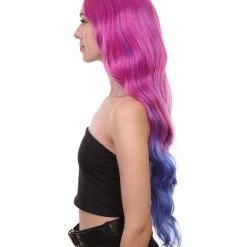 HPO Womens Fantasy Curly Wavy Wig | Purple & Blue TV/Movie Wigs | Premium Breathable Capless Cap