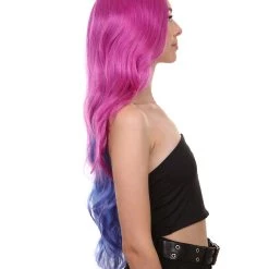HPO Womens Fantasy Curly Wavy Wig | Purple & Blue TV/Movie Wigs | Premium Breathable Capless Cap