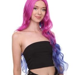 HPO Womens Fantasy Curly Wavy Wig | Purple & Blue TV/Movie Wigs | Premium Breathable Capless Cap