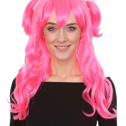 HPO Men's Long Pink Womens Pigtails | Long Pink Character Cosplay Halloween Wig | Premium Breathable Capless Cap