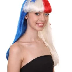 FLAGWIGS Panama Flag Sport Party Long Bob Wig | National Pride White Red Blue Wig | Premium Breathable Capless Cap Women's
