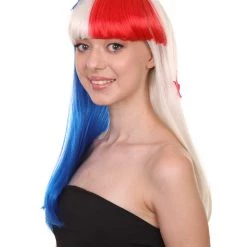 FLAGWIGS Panama Flag Sport Party Long Bob Wig | National Pride White Red Blue Wig | Premium Breathable Capless Cap Women's