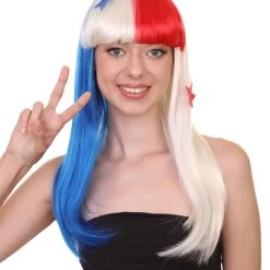 FLAGWIGS Panama Flag Sport Party Long Bob Wig | National Pride White Red Blue Wig | Premium Breathable Capless Cap Women's