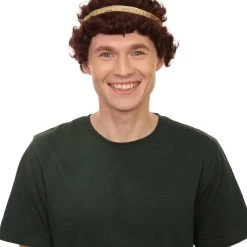 Adult Men's 9" Inch Short Length Curly Brown Halloween Cosplay Anime Heron Costume Wig With Gold Band, Synthetic Soft Fiber Hair, Perfect For Your Next Festival And Group Anime Party! | HPO