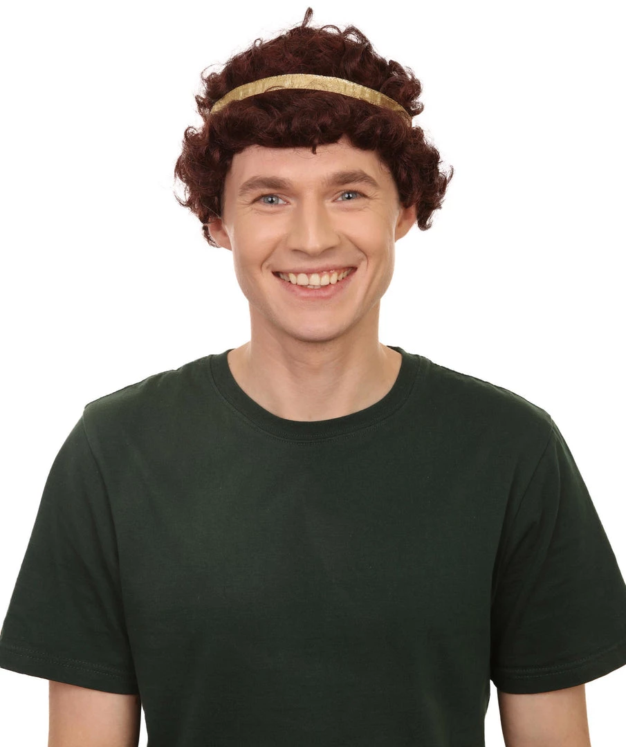 Adult Men's 9" Inch Short Length Curly Brown Halloween Cosplay Anime Heron Costume Wig With Gold Band, Synthetic Soft Fiber Hair, Perfect For Your Next Festival And Group Anime Party! | HPO