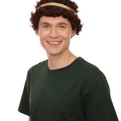 Adult Men's 9" Inch Short Length Curly Brown Halloween Cosplay Anime Heron Costume Wig With Gold Band, Synthetic Soft Fiber Hair, Perfect For Your Next Festival And Group Anime Party! | HPO