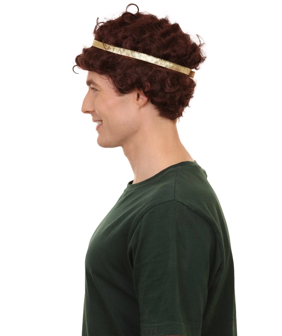 Adult Men's 9" Inch Short Length Curly Brown Halloween Cosplay Anime Heron Costume Wig With Gold Band, Synthetic Soft Fiber Hair, Perfect For Your Next Festival And Group Anime Party! | HPO