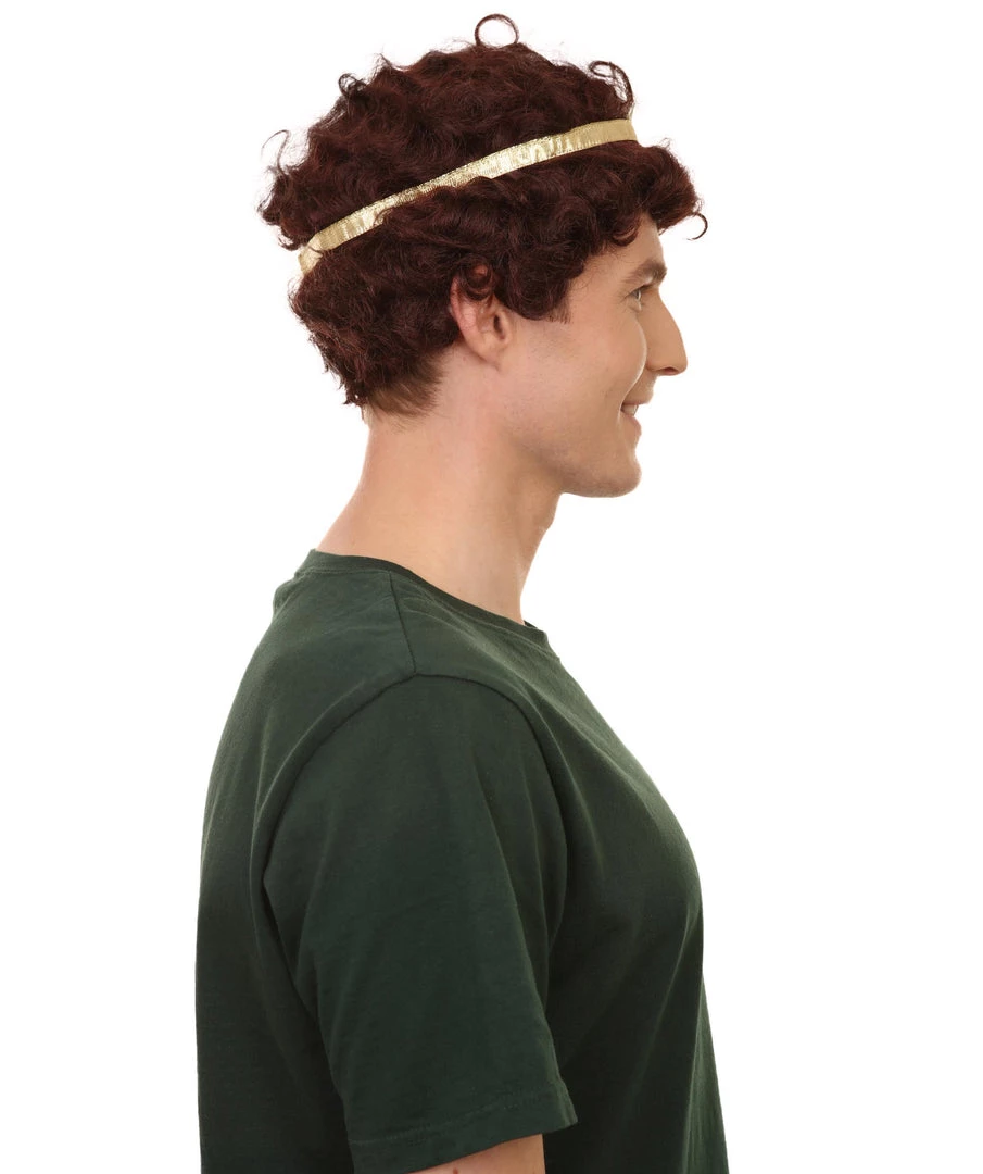 Adult Men's 9" Inch Short Length Curly Brown Halloween Cosplay Anime Heron Costume Wig With Gold Band, Synthetic Soft Fiber Hair, Perfect For Your Next Festival And Group Anime Party! | HPO