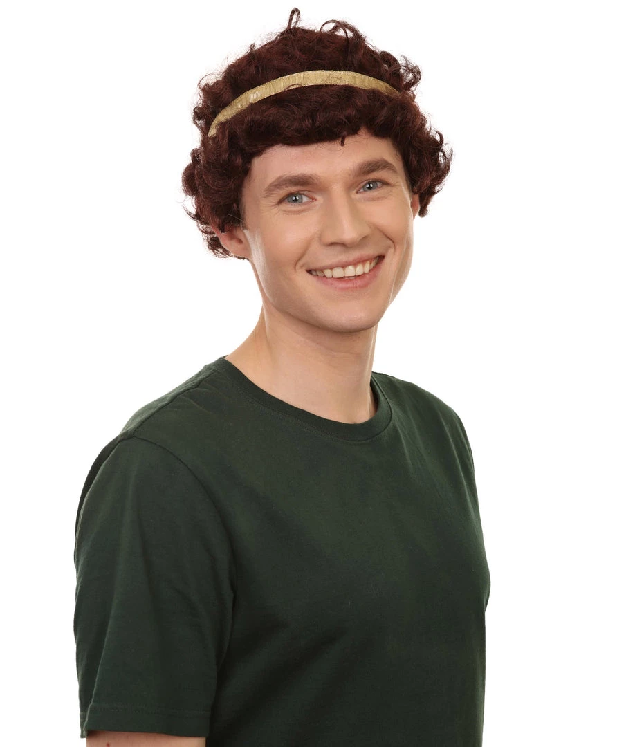 Adult Men's 9" Inch Short Length Curly Brown Halloween Cosplay Anime Heron Costume Wig With Gold Band, Synthetic Soft Fiber Hair, Perfect For Your Next Festival And Group Anime Party! | HPO