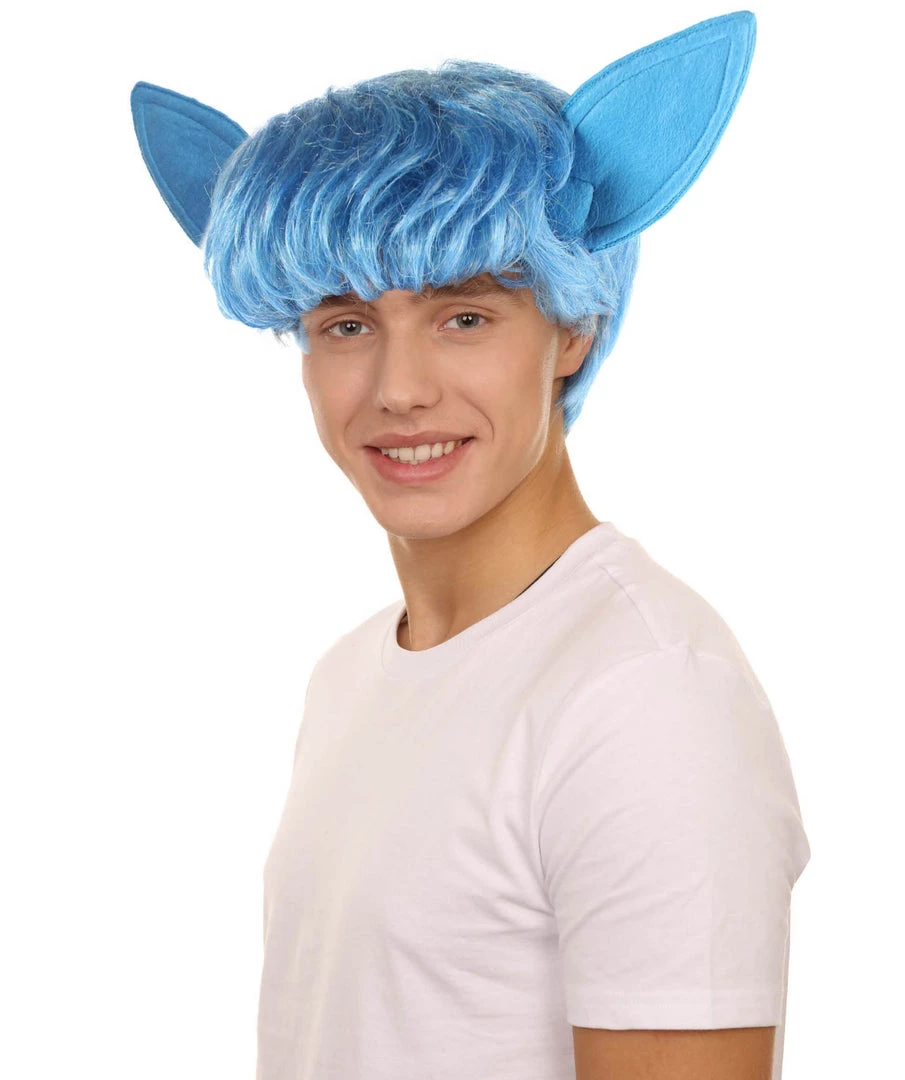 Adult Men's 9" Inch Short Length Halloween Cosplay Animated Elf Blue Wig With Ears, Synthetic Soft Fiber Hair, Perfect For Your Next Convention And Roleplay Costume! | HPO