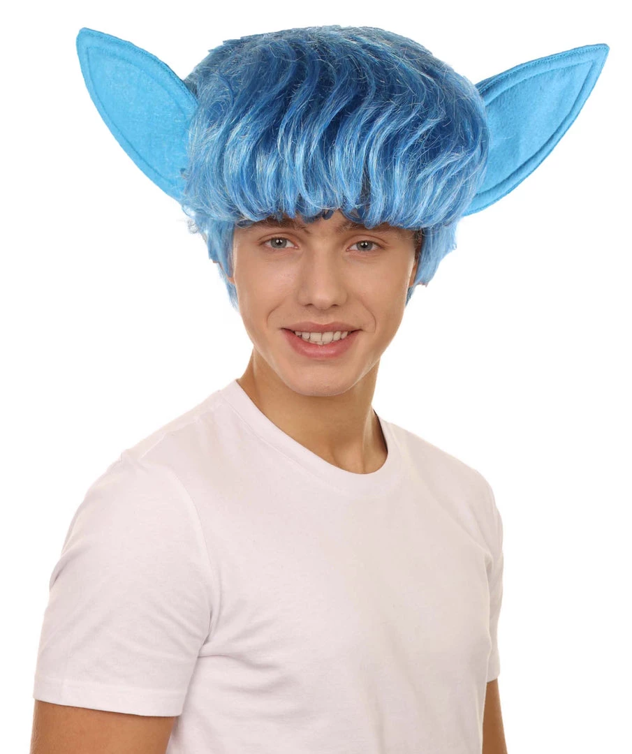 Adult Men's 9" Inch Short Length Halloween Cosplay Animated Elf Blue Wig With Ears, Synthetic Soft Fiber Hair, Perfect For Your Next Convention And Roleplay Costume! | HPO