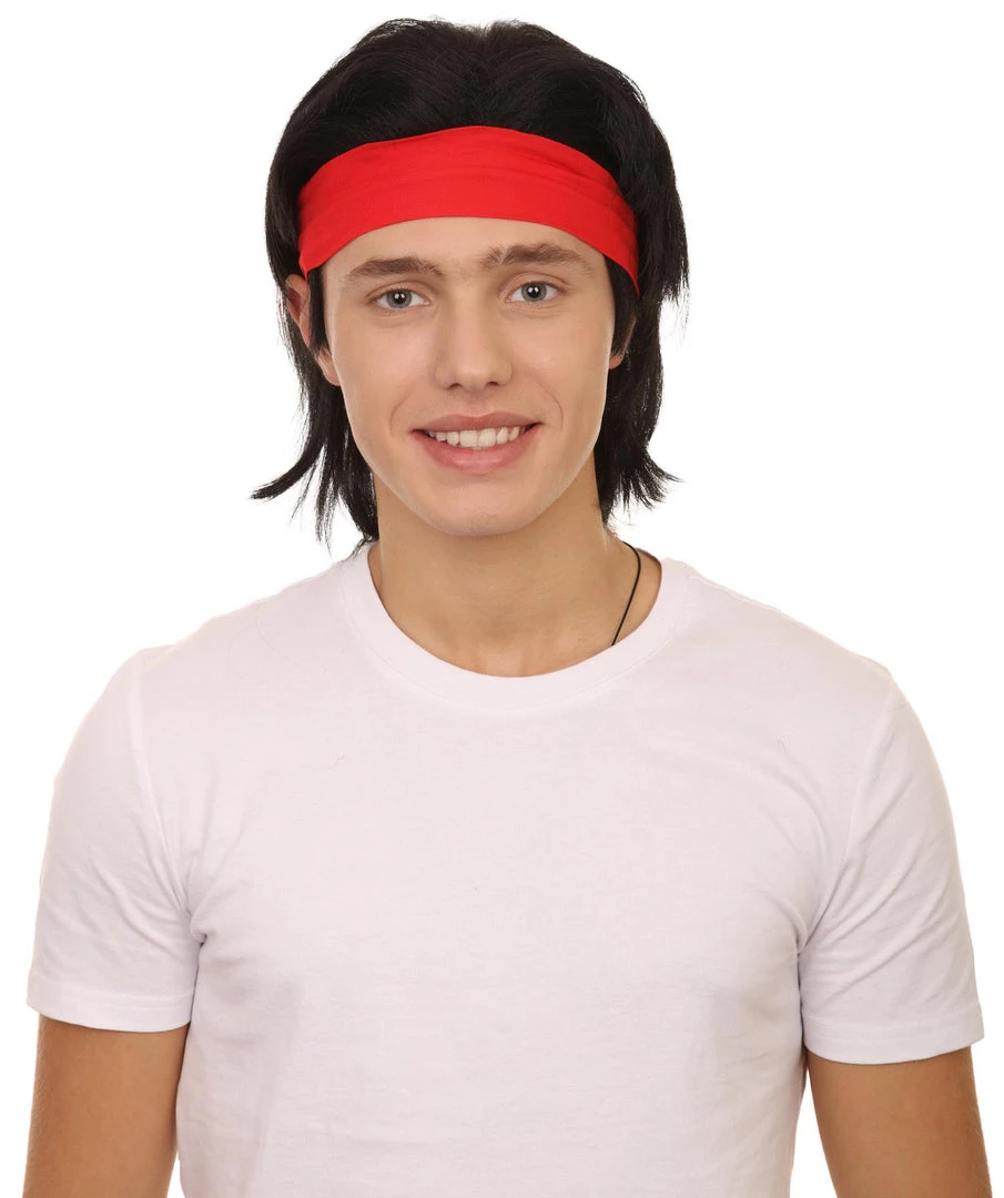 Adult Men's 12" Inch Medium Length Halloween Cosplay Animated Video Game Retro Fighter Of The Streets Wig, Synthetic Soft Fibers With Red Headband, | HPO