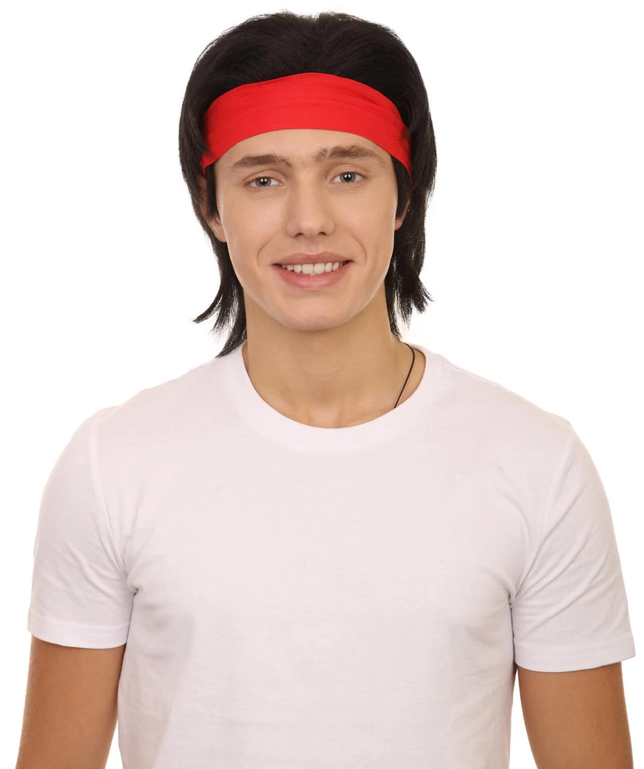 Adult Men's 12" Inch Medium Length Halloween Cosplay Animated Video Game Retro Fighter Of The Streets Wig, Synthetic Soft Fibers With Red Headband, | HPO
