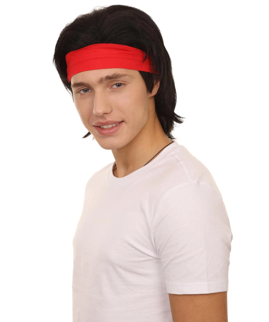 Adult Men's 12" Inch Medium Length Halloween Cosplay Animated Video Game Retro Fighter Of The Streets Wig, Synthetic Soft Fibers With Red Headband, | HPO
