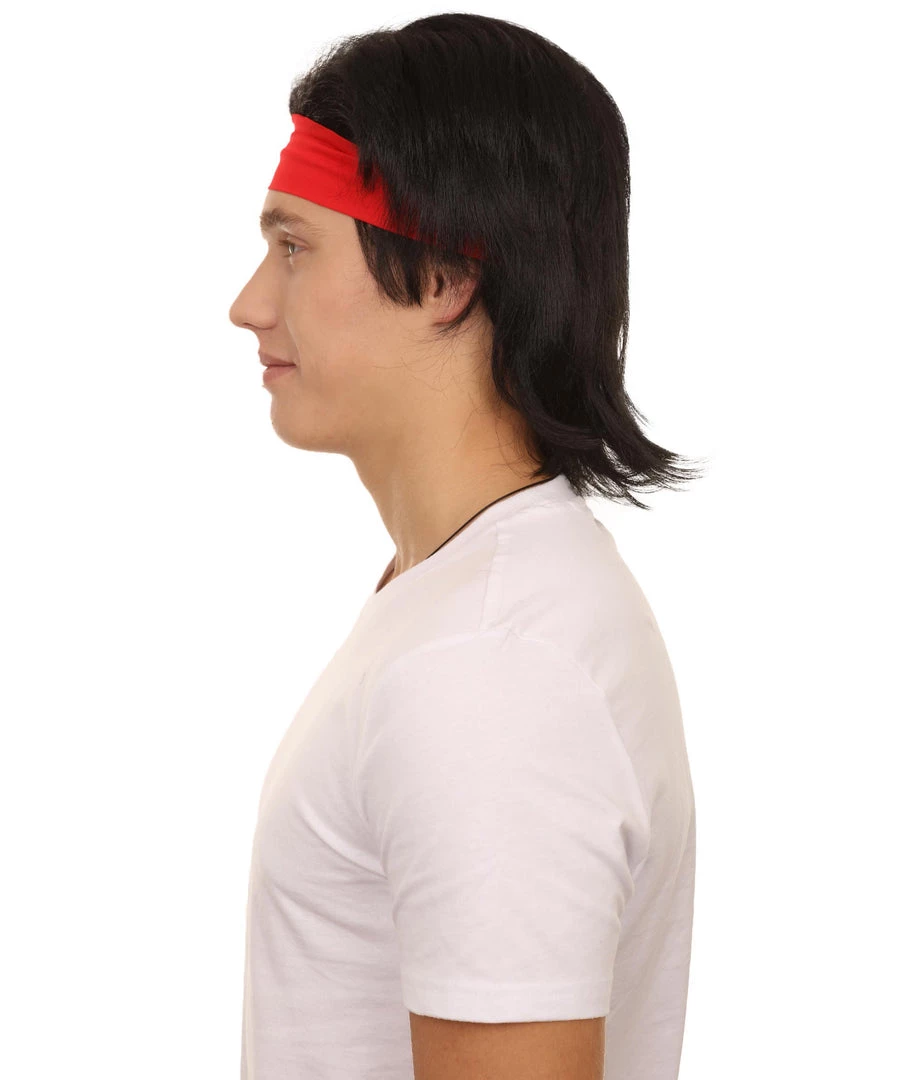Adult Men's 12" Inch Medium Length Halloween Cosplay Animated Video Game Retro Fighter Of The Streets Wig, Synthetic Soft Fibers With Red Headband, | HPO