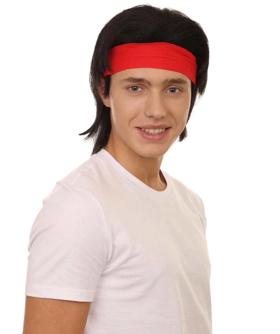 Adult Men's 12" Inch Medium Length Halloween Cosplay Animated Video Game Retro Fighter Of The Streets Wig, Synthetic Soft Fibers With Red Headband, | HPO