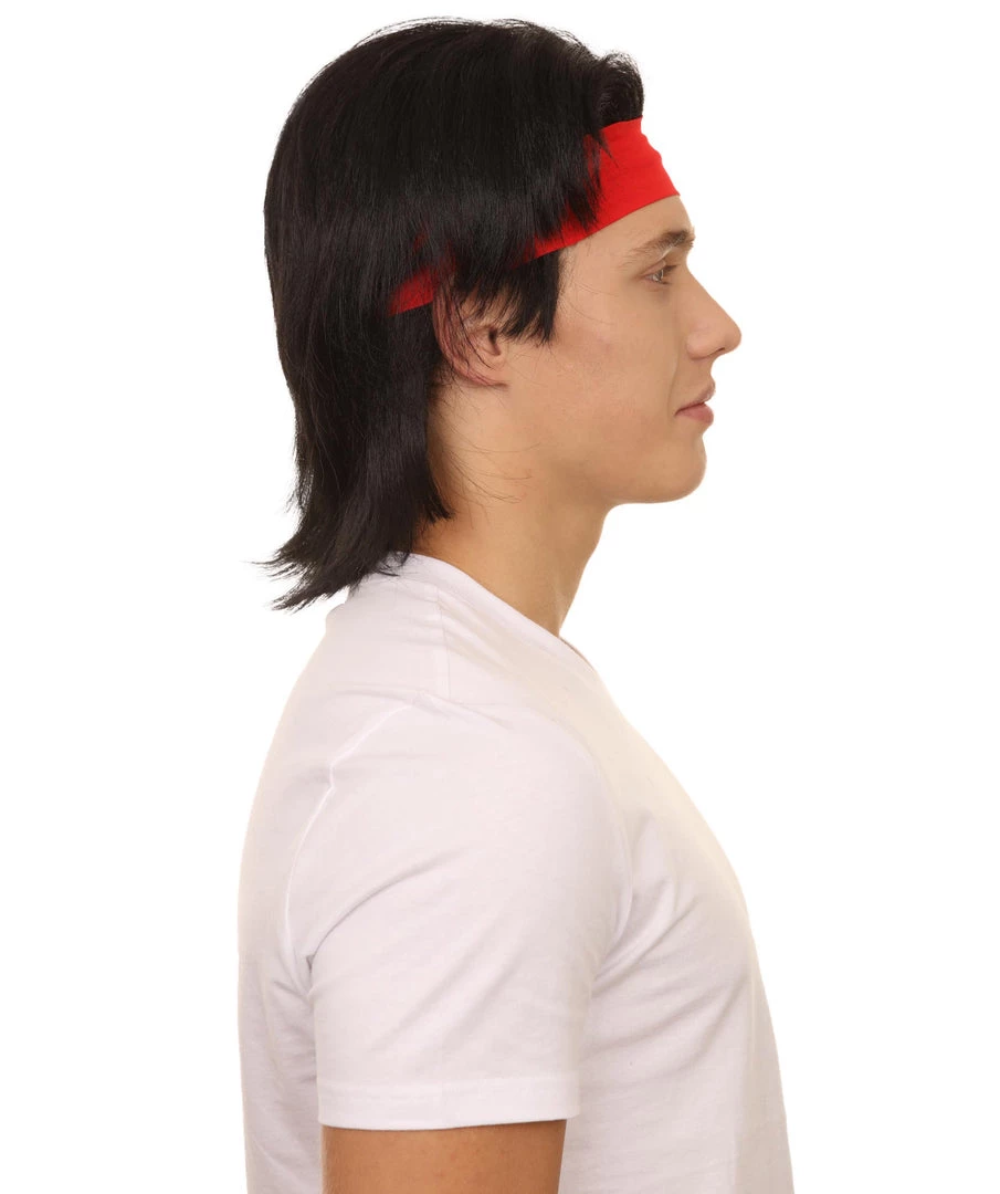 Adult Men's 12" Inch Medium Length Halloween Cosplay Animated Video Game Retro Fighter Of The Streets Wig, Synthetic Soft Fibers With Red Headband, | HPO