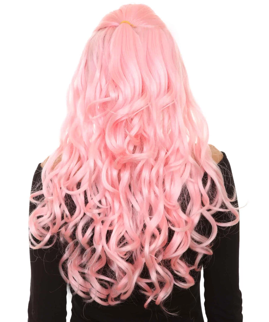 HPO Women's Pink Long Wavy Womens Wig | Premium Breathable Capless Cap