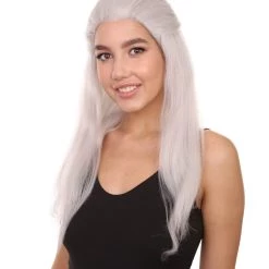 KOSMOS CW Premium Men's Long White Straight 20' Warlock Cosplay Wig - Lace Front Heat Resistant Fibers - Pulled Back Pony Tail