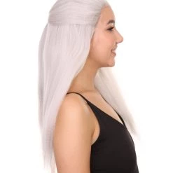 KOSMOS CW Premium Men's Long White Straight 20' Warlock Cosplay Wig - Lace Front Heat Resistant Fibers - Pulled Back Pony Tail