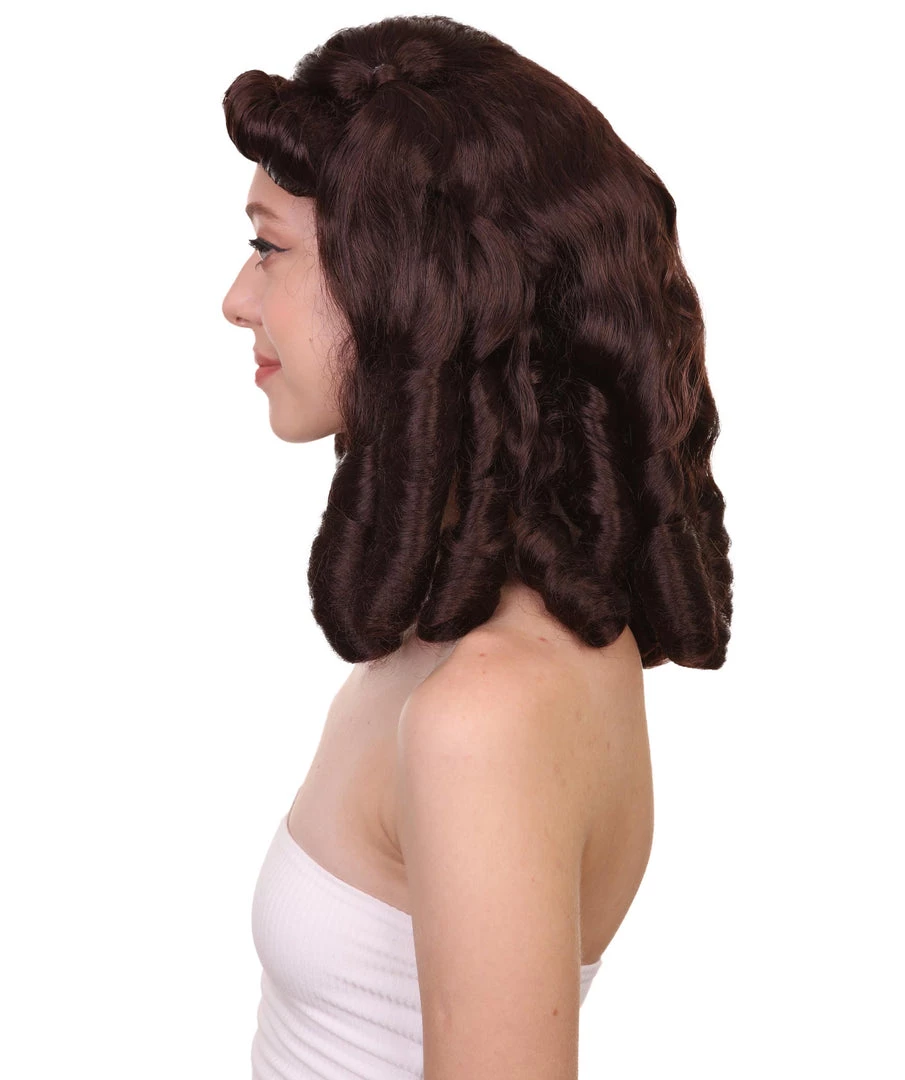 HPO Womens Colonial Lady Wig | Dark Brown Historical Wigs | Premium Breathable Capless Cap