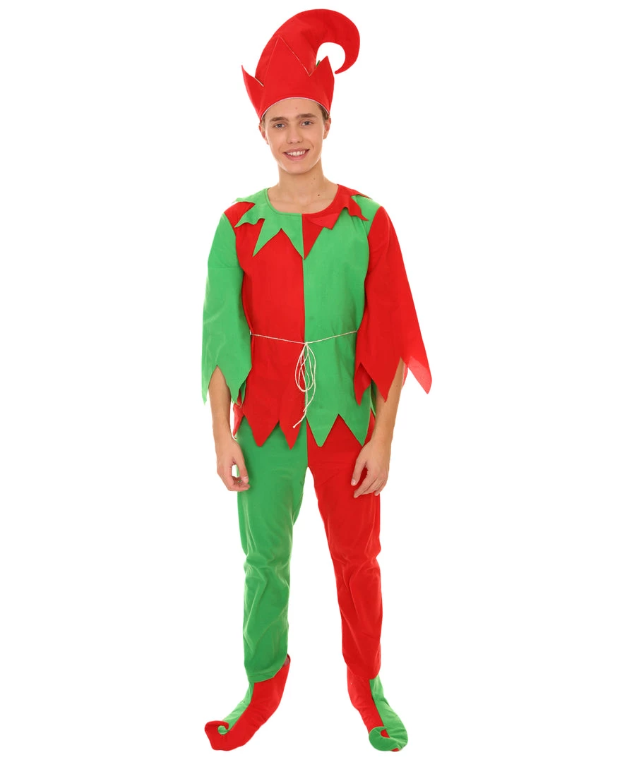 HPO Adult Men's Elf Christmas Costume | Red And Green Halloween Costume