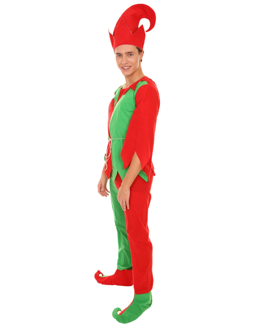 HPO Adult Men's Elf Christmas Costume | Red And Green Halloween Costume