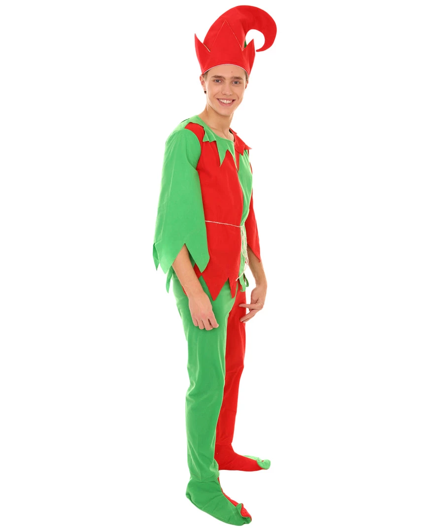HPO Adult Men's Elf Christmas Costume | Red And Green Halloween Costume