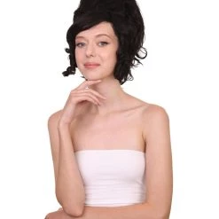 HPO Women's Womens Colonial Lady 18th Century Curly Wig | Black Historical Halloween Wig | Premium Breathable Capless Cap