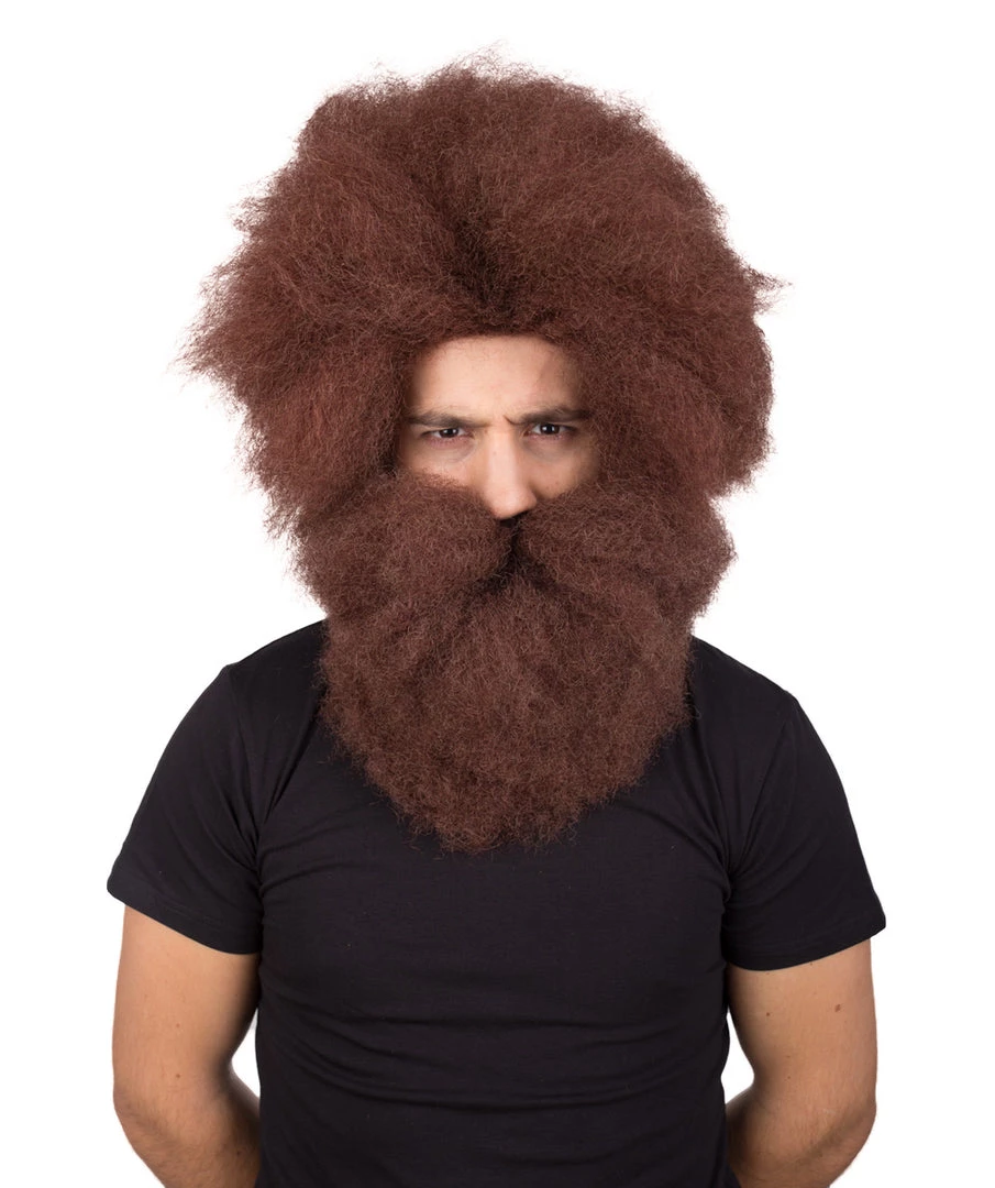 BC Adult Men's Brown Color Straight Spiked Afro Wildman Wig With Beard
