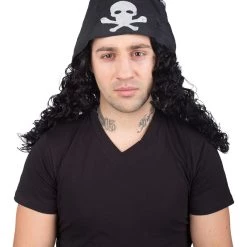 BC Men's Long Black Color Curly Pirate Buccaneer Wig With Bandana