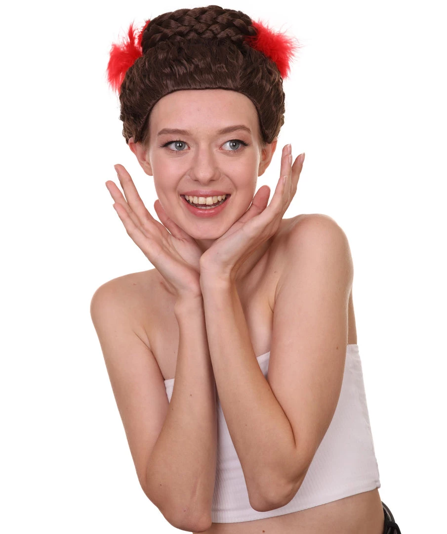 HPO Women Curly Top Bun With Red Lace Wig Dark Brown | Premium Breathable Capless Cap