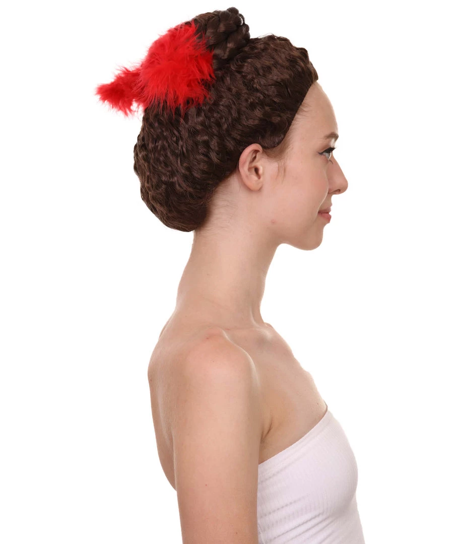 HPO Women Curly Top Bun With Red Lace Wig Dark Brown | Premium Breathable Capless Cap