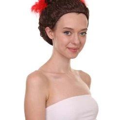 HPO Women Curly Top Bun With Red Lace Wig Dark Brown | Premium Breathable Capless Cap