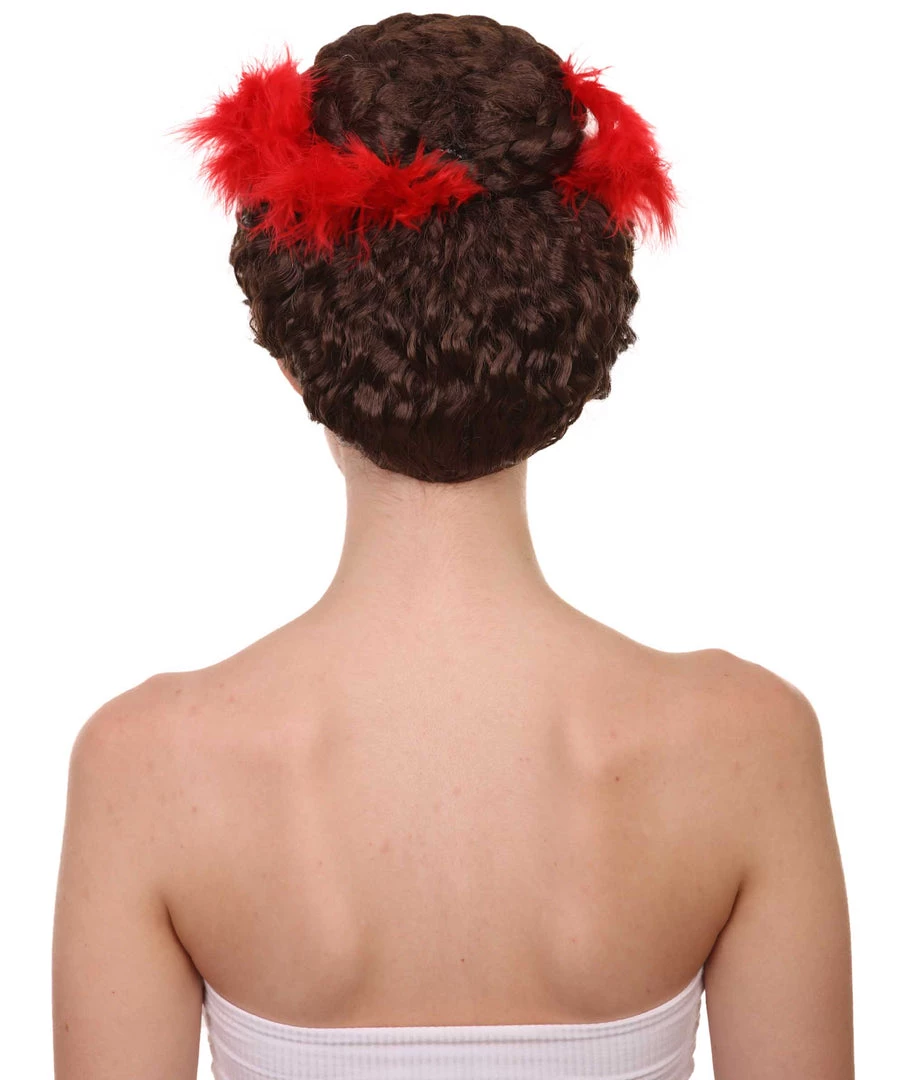 HPO Women Curly Top Bun With Red Lace Wig Dark Brown | Premium Breathable Capless Cap