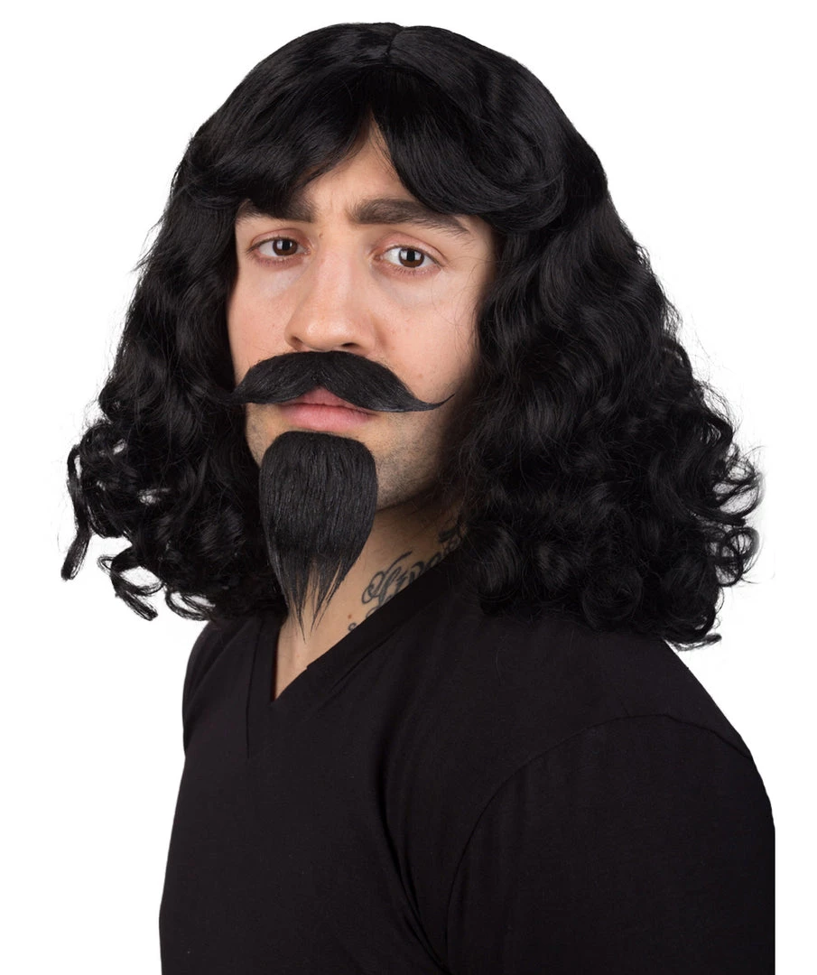 BC Muskateer | Men's Black Color Wavy Shoulder Length Muskateer Wig With Mustache And Goatee