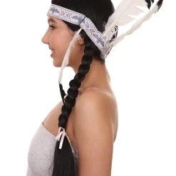 HPO Native American Princess Wig With Headband | Black Braided Historical Wigs | Premium Breathable Capless Cap Women's