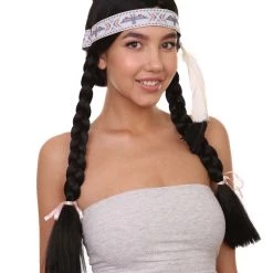 HPO Native American Princess Wig With Headband | Black Braided Historical Wigs | Premium Breathable Capless Cap Women's