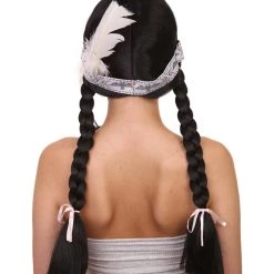 HPO Native American Princess Wig With Headband | Black Braided Historical Wigs | Premium Breathable Capless Cap Women's