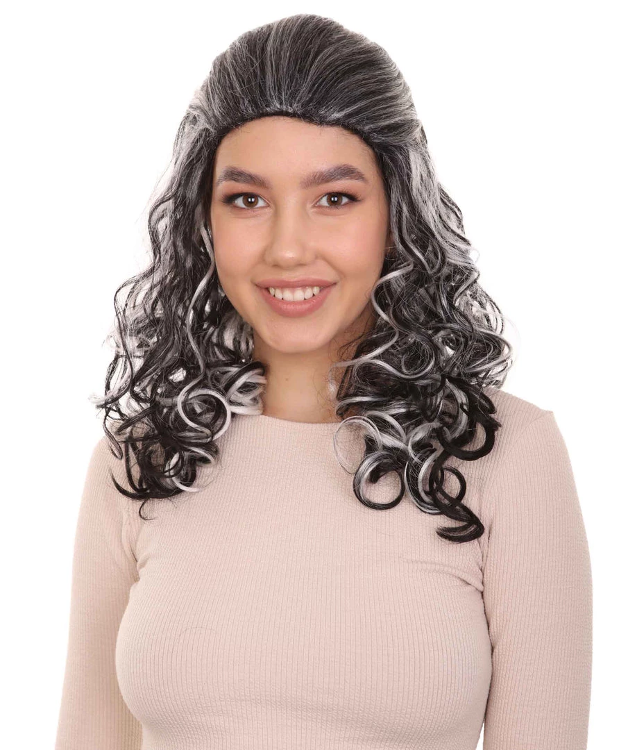 HPO Women's Wicked Witch Womens Wig | Black & White Curly Medium Wig | Premium Breathable Capless Cap
