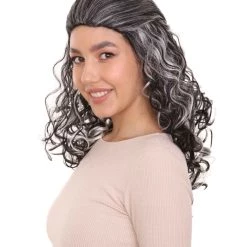 HPO Women's Wicked Witch Womens Wig | Black & White Curly Medium Wig | Premium Breathable Capless Cap