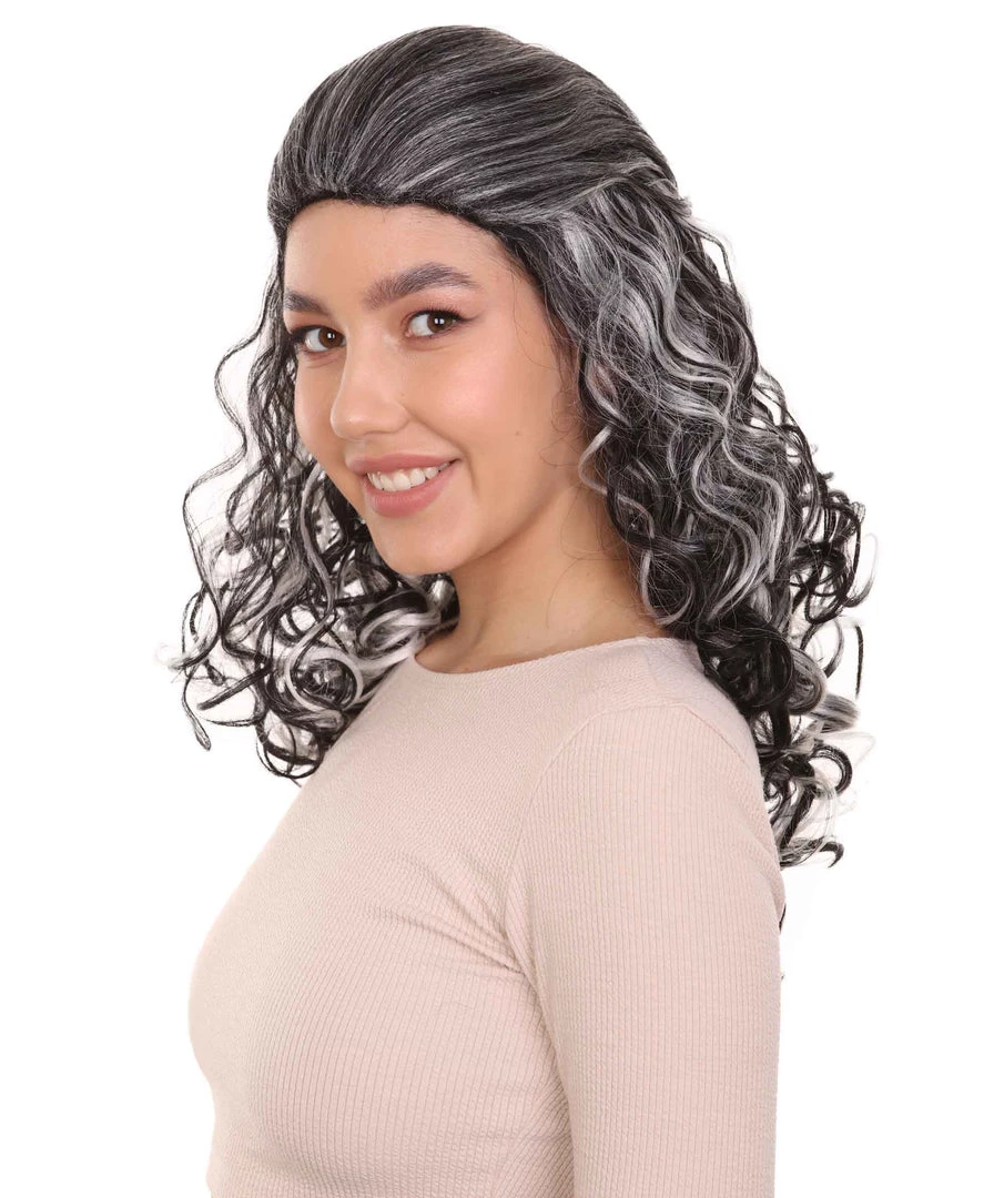 HPO Women's Wicked Witch Womens Wig | Black & White Curly Medium Wig | Premium Breathable Capless Cap