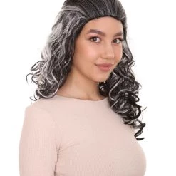 HPO Women's Wicked Witch Womens Wig | Black & White Curly Medium Wig | Premium Breathable Capless Cap