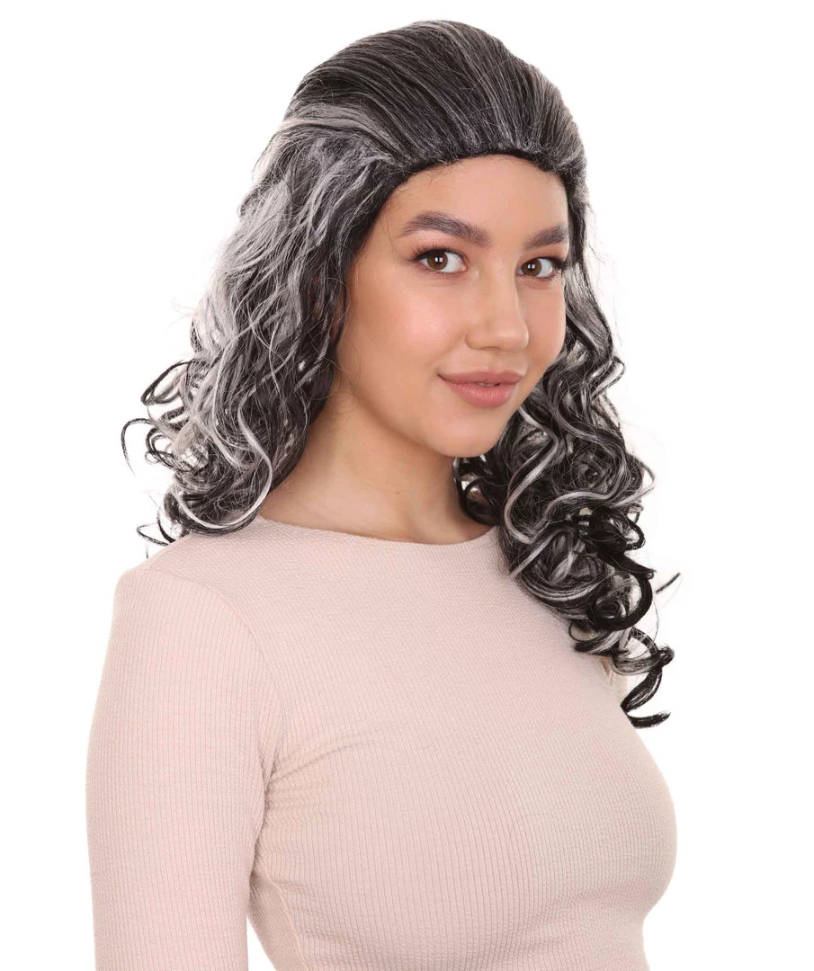 HPO Women's Wicked Witch Womens Wig | Black & White Curly Medium Wig | Premium Breathable Capless Cap